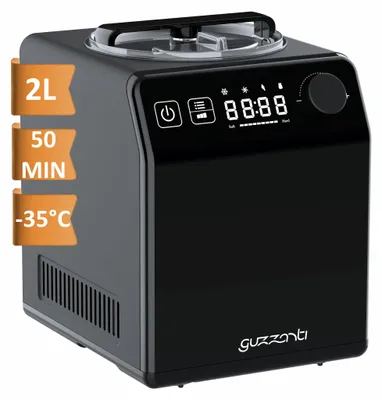 A black ice cream maker with a digital display and control knob.