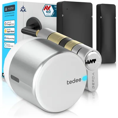 Produktbild von Tedee GO2 Alu Smart Lock Set mit Türsensor und EXXO Zylinder – Elektronisches Türschloss, Klasse 6, Auto-Lock nur bei geschlossener Tür, Matter