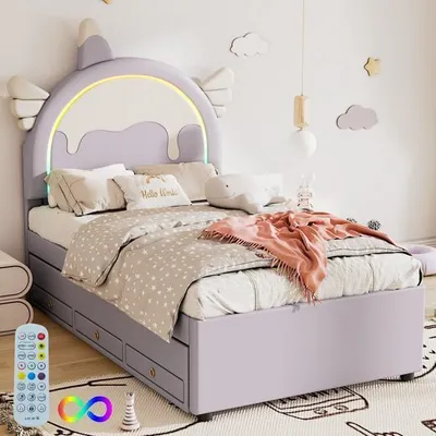 Produktbild von Odikalo Kinderbett Rollbett Cartoon Einhornform Ausziehbar Kunstleder LED Blau 90