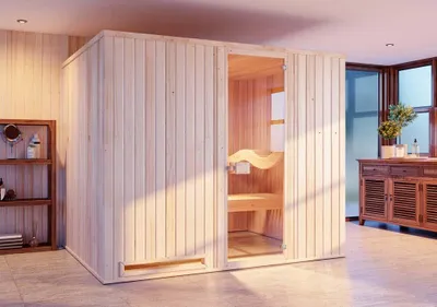 Produktbild von FinnTherm Innensauna Ergo Klassik Innensauna 3 Sitzbänke aus Holz, Saunakabine mit 72 mm Wandstärke, Dampfsauna mit Montagematerial