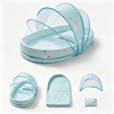 Produktbild von Baby Mückennetz für Neugeborene, Bettchen mit Insektenschutz, faltbar mit stabilem 4-Stangen-Rahmen, Blauer Ente