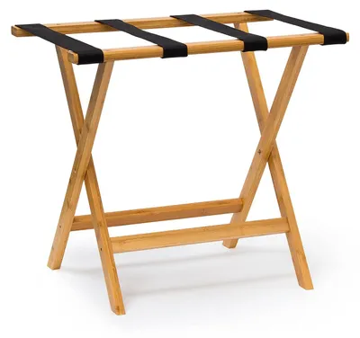 Imagen del producto de TRANKIELO® - Estante plegable para equipaje de bambú – 4 correas – 50 x 60 x 37,5 cm – Color natural – Ideal para hoteles y hogares