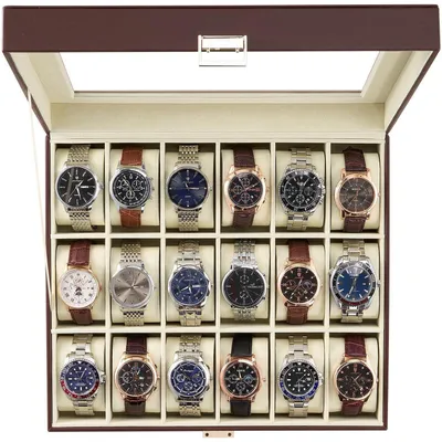 Image de Boîte à montres avec 18 compartiments, couvercle en verre, couleur marron et beige