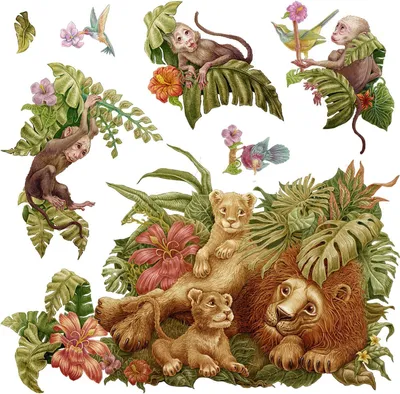 Obrázok produktu pre Tropické Safari – Nálepka na stenu – Detské nástenné obrázky – Dekorácia do detskej izby – Dekorácia izby – Tetovanie na stenu – 80x122 cm
