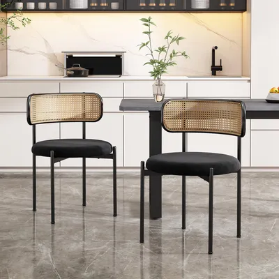 Produktbild von Samt-Esszimmerstuhl 2er Set Rattan Metallbeine Freizeitstuhl Schwarz