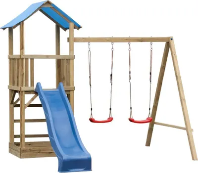 Produktbild von Spielturm  7 inkl. Wellenrutsche und  Doppelschaukel-Anbau - Abmessungen: 295 x 290 cm