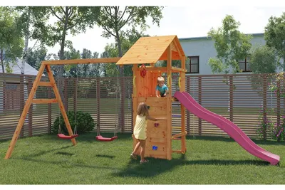 Produktbild von Spielturm Smart 5 teakfarben inkl. Rutsche pink