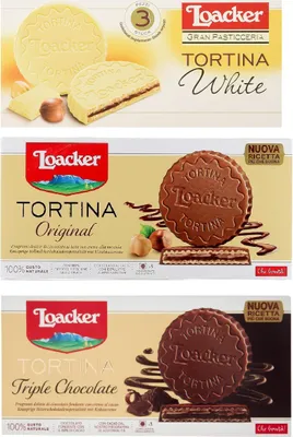 Produktbild von Testpaket Loacker Tortina White Triple Dark Original 3pz Schokoladengenuss gefüllt mit Haselnusscreme Kuchen 3x 63g