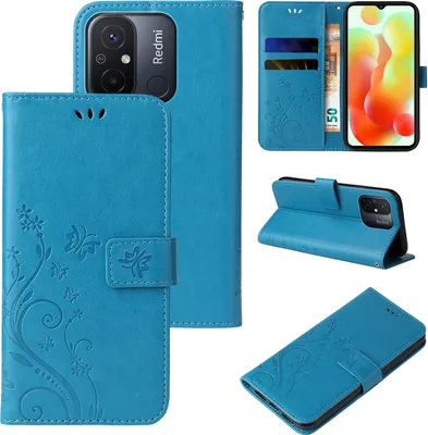 Produktbild von Handyhülle für Xiaomi Redmi 12C Floral Blumen Schmetterling Flip Cover Hülle Case Klapphülle Handytasche Farbe: Blau