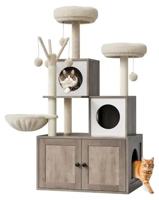 Productafbeelding van Katzenhuis - Kattenvilla - Kattenbakmeubel - Drie niveaus - Hangmat - Kattenbal - Kattenhol - Grijs