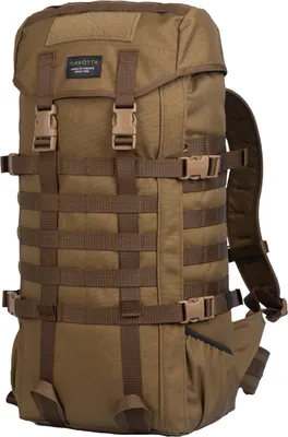A studio shot of a brown backpack.