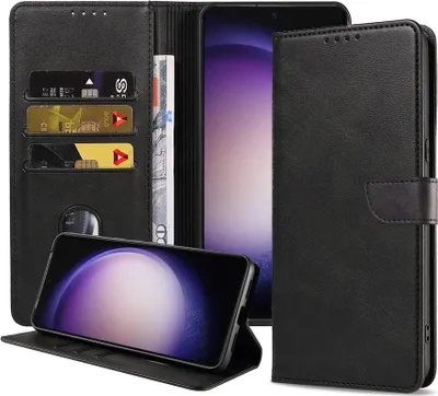 Productafbeelding van Geschikt voor Samsung Galaxy S23 Ultra.Telefoonhoesje van kunstleer met magnetische sluiting en pasjeshouder. Book case met klepje - Zwart - Smartphonica