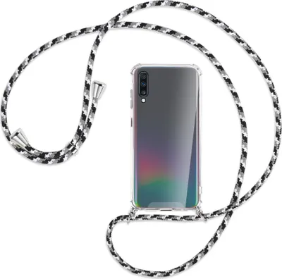 Produktbild von Handykette Backcover-Schutzhülle mit Band (Metall silberfarben) für Samsung Galaxy A70 - schwarz/grau/weiß