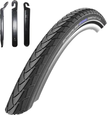Produktbild von 1 x Schwalbe Marathon Plus Unplattbar Fahrradreifen Fahrradmantel in Schwarz mit Reflex 37-622 (28 x 1.40) inkl. 3 Reifenheber