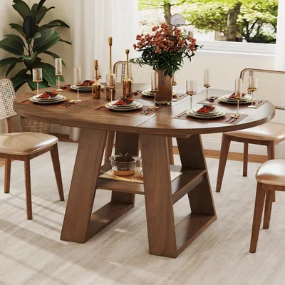 Productafbeelding van Uitschuifbare eettafel, diameter 110 cm / 150 x 110 cm, rond, geschikt voor 4-6 personen, met geïntegreerd uitschuifblad en opbergruimte, MDF, walnootkleur