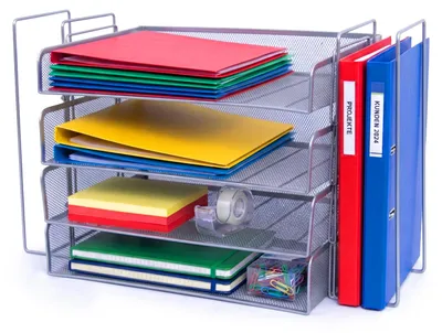 Produktbild von Relaxdays Briefablage, Metall, A4, 4 Fächer, 2 Stehsammler, HxBxT: 30 x 49,5 x 24,5 cm, Schreibtisch Organizer, silber