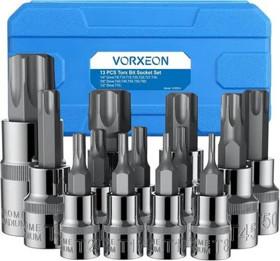 Produktbild von 13-teiliges Torx Bit & Dop Set - T8 bis T70 - Mit 1/4, 3/8 & 1/2 Zoll Laufwerk - Inklusive Aufbewahrungskoffer