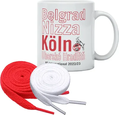 Produktbild von 1. FC Köln Tasse „FC Europatour" 2022/23 + 2 Paar Fan-Schnürsenkel 1# 3#