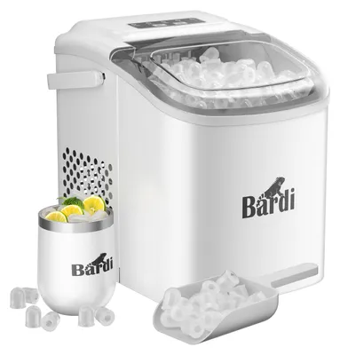 Produktbild von Bardi Deluxe Eiswürfelmaschine – Eisbereiter inklusive gratis Luxus-Thermosbecher und Eisschaufel – 9 Eiswürfel in 8 Minuten – Weiß