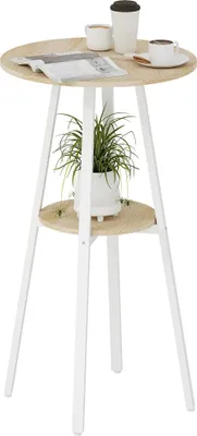 Image de Table de bar / table haute - ronde - étagère - pour 2 personnes - structure métallique - 55x55x95 cm - bois naturel/blanc