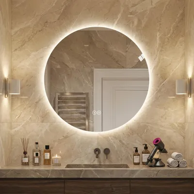 Produktbild von Runder LED-Badezimmerspiegel, hinterleuchtet, Anti-Beschlag, 3 Lichtfarben, 70 x 70 x 3 cm, Silber