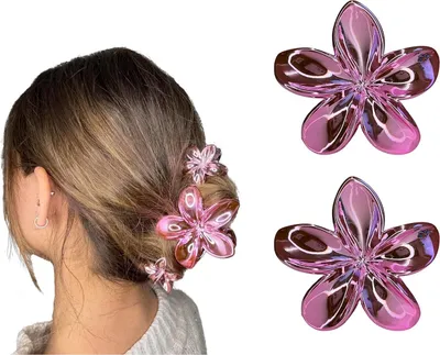 Produktbild von Lila Blume XXL Haarklammer 2Stk – 8 cm große Haarspangen - Haarklipse Damen Mädchen Haarschmuck Metall Hawaii Claw Clip Blume kralle Zöpfe Schmuck
