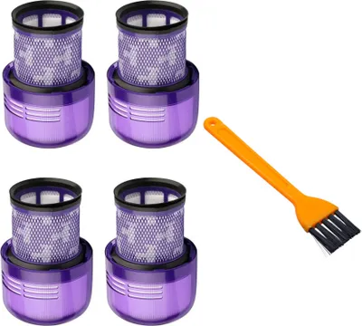 Four purple vacuum cleaner filters and an orange cleaning brush are arranged on a white background.