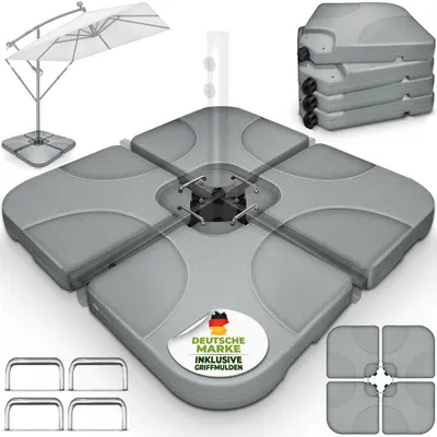 Produktbild von tillvex® Sonnenschirmständer Grau 60 Liter / 80 kg – 4-teilig für Ampelschirm inkl. Metallverbinder | Schirmgewicht befüllbar mit Wasser oder Sand | Schirmständer Ampelschirmständer wetterfest