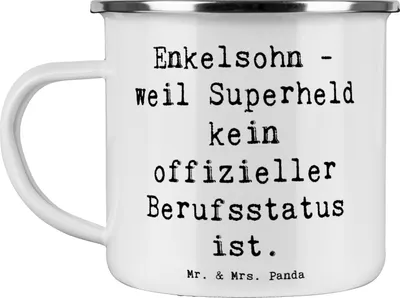 Produktbild von Mr. & Mrs. Panda Teetasse Spruch Enkelsohn Held - Weiß - Geschenk, Superheld, becher emaille, Verwandte, Zuneigung, Liebe, Tasse, Familie, Enkel, Kaffeepott, Pott, Freude