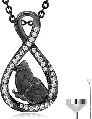 Obrázok produktu pre Luxusný náhrdelník s 55 cm retiazkou na popol, vlasy alebo parfum - spomienkový šperk s náplňou a úložným vrecúškom - Black Butterfly