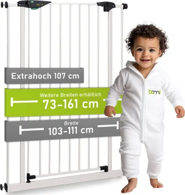 Produktbild von BOMI® Extrahoch Treppenschutzgitter 73-161 cm | Zum Klemmen | Schließt automatisch | 90° Feststellfunktion | Ideales Hundeschutzgitter und Katzenschutzgitter