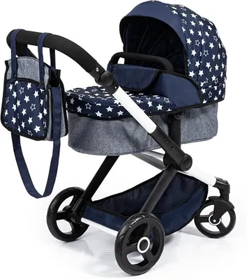Imagen del producto de Cochecito para muñecas Xeo con bolsa, asa ajustable en altura, mecanismo de dirección giratorio, convertible en un cochecito para correr, ruedas delanteras giratorias, cesta integrada, color azul y blanco