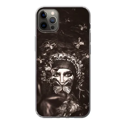 Produktbild von MuchoWow® Handyhülle Schutzhülle Hülle für iPhone 12 Pro Max Frau - Schmetterling - Schwarz - Weiß Silikon Softcase Handy Hülle - Hartschale