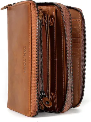 Produktbild von TANTOMI Damen Geldbörse Leder Groß, Echtes Leder Portemonnaie mit RFID Schutz, Doppelter Reißverschluss, Viele Fächer, Brieftasche Geschenkbox
