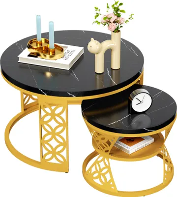 Image de okwish Table basse 2 pcs, aspect marbre noir rond, pieds en métal dorés, table basse moderne pour salon, noir+doré