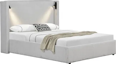 Image de Lit double en velours côtelé avec coffre et lampe intégré "Cortina" - 140 x 190 cm- Beige