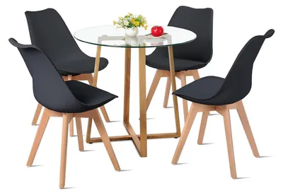Produktbild von Esstisch mit 4 Stühlen Essgruppe Runder Glastisch 80x80 cm Transparent mit 4 Schwarzen Stühlen