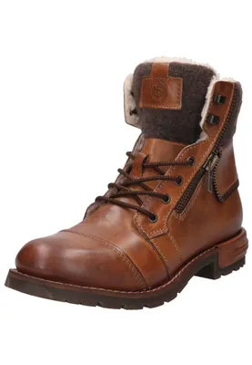 A single brown leather boot with a fur lining is shown against a white background.