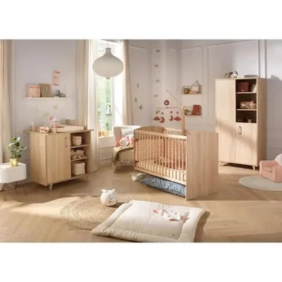 Image de Trio complet de chambre de bébé - SAUTHON - Sam chêne doré - Lit bébé 120 x 60 cm, commode à langer et armoire