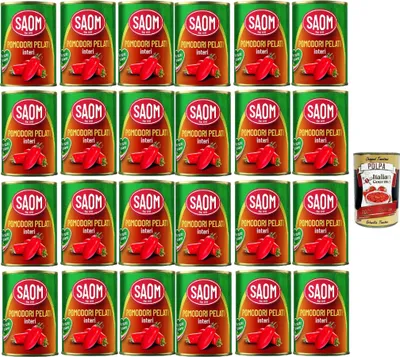 Produktbild von Saom, Pomodori Pelati bestern geschälte Tomaten sauce aus Italien dose, tin italian peeled tomatoes 24x 400g + Italian Gourmet polpa 400g