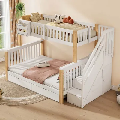 Productafbeelding van AIORBER Etagebed, 200 x 90 cm, dubbelbed met lade, trapkast, opbergmand en opslagkast, kinderbed, ruimtebesparend, wit