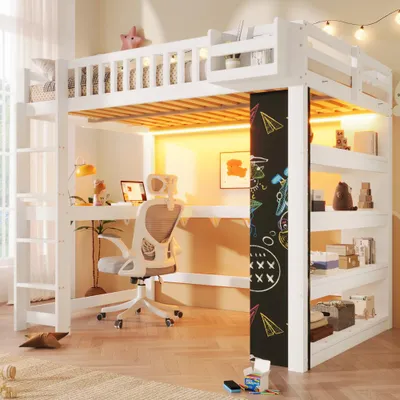 Produktbild von Hochbett mit Kreidetafel, Schreibtisch, Regal, Aufbewahrungsfächern & LED-Beleuchtung, Kiefer+MDF in Weiß, 140 × 200 cm