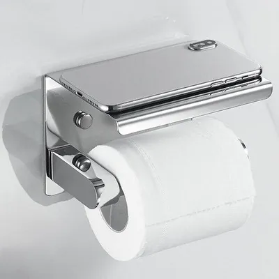 Zdjęcie produktu dla Ibenzoa® Wolnostojący uchwyt na papier toaletowy ze stali nierdzewnej (304) z półką i samoprzylepnymi haczykami – srebrny, montaż bez wiercenia