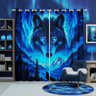Wolf-Print Vorhangset, 2 Paneele, 245x140 cm, Mikrofaser