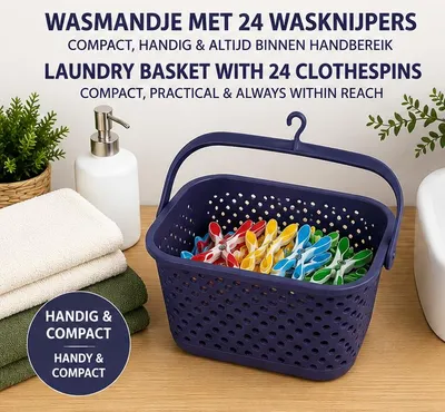 Productafbeelding van Wasknijpermandje met 24 Wasknijpers – Hangend Wasmandje – Opbergmandje voor Wasknijpers – 22,5 x 15 x 14 cm, AI-gegenereerde afbeelding