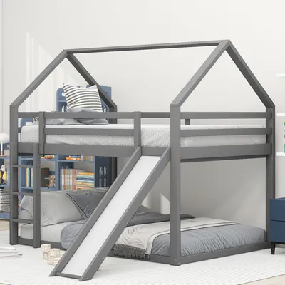 Produktbild von Etagenbett mit 2 Schlafgelegenheiten, Lattenrost, Leiter und Rutsche, 140x200 cm, Holzbett aus Kiefer, Kinderbett inkl. Rausfallschutz, Hochbett, Hausbett