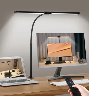 Produktbild von Doppelkopf-Schreibtischlampe – Klemmbefestigung, Schwanenhals, 5 Farben + 5 Helligkeitsstufen, kompakt/schwarz