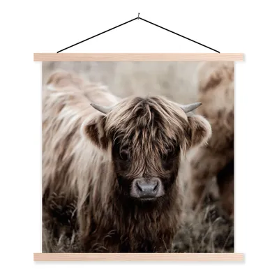 Produktbild von MuchoWow® Textilposter Schottischer Hochländer - Kühe - Braun 120x120 cm mit holzfarbenen Rahmen - Textil-Poster