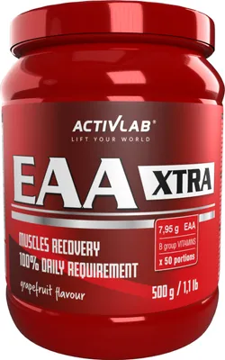 A red tub of Activlab EAA XTRA supplement with grapefruit flavor.