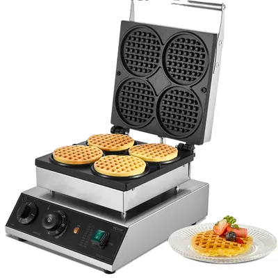Immagine prodotto di VEVOR piastra per waffle commerciale 1750 W antiaderente belga in acciaio inox con controllo della temperatura e del tempo, per ristorante panetteria snack bar 4 waffle rotondi